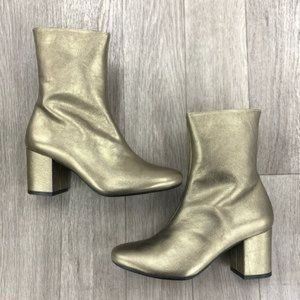 Anthropologie Metallic Gold Leather Block Heeled Boots